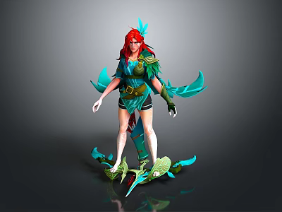 Red Haired Female Character in Feathered Attire with Symbiotic Green Blue Spiked Creature 3d model