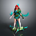 Red Haired Female Character in Feathered Attire with Symbiotic Green Blue Spiked Creature