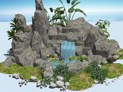 Garden Ornament with Rock Formations Waterfall Small Pond Green Plants and Flowers 3d model