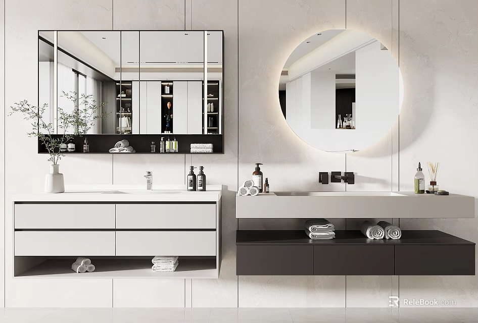 Modern Bathroom Vanity With Round Mirror White Black Countertop Cabinets And Toiletries 3d model 