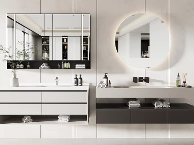 Modern Bathroom Vanity With Round Mirror White Black Countertop Cabinets And Toiletries 3d model