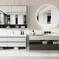Modern Bathroom Vanity With Round Mirror White Black Countertop Cabinets And Toiletries
