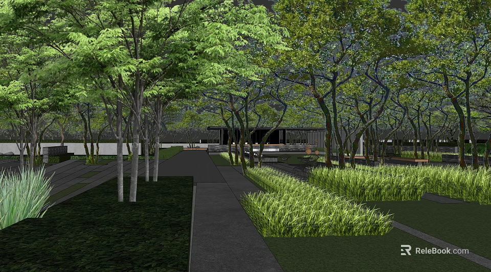 Modern Commercial Landscape With Lush Green Trees Neat Lawn And Paved Pathway 3d model 
