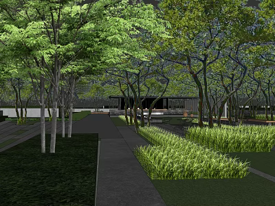Modern Commercial Landscape With Lush Green Trees Neat Lawn And Paved Pathway 3d model