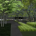Modern Commercial Landscape With Lush Green Trees Neat Lawn And Paved Pathway