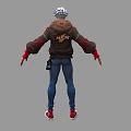 A Man With White Hair Wearing Brown Jacket Red Hoodie Blue Jeans And Red Sneakers