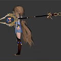 Woman With Long Brown Hair Blue Eyes In Blue White Outfit Holding Flower Decorated Staff