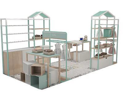 Modern Pastel Green White Display Shelves With Storage Baskets And Clothing Racks 3d model