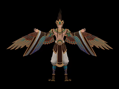 Ancient Mythical Character With Spread Feathered Wings Ornate Costume And Divine Headdress 3d model