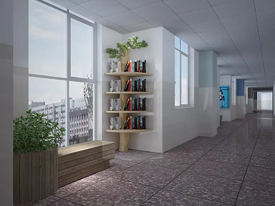 School Corridor With Bookshelves Green Plants Bench Large Windows And Bright Marble Floor 3d model