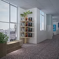 School Corridor With Bookshelves Green Plants Bench Large Windows And Bright Marble Floor