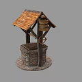 Traditional Well Structure With Wooden Roof Stone Base And Pulley Bucket
