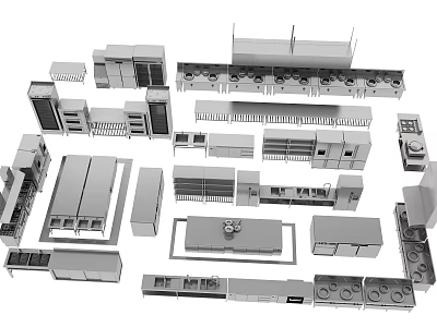 Different Types of Modern Kitchen Appliances with Cabinets Stovetops Ovens and Range Hoods 3d model