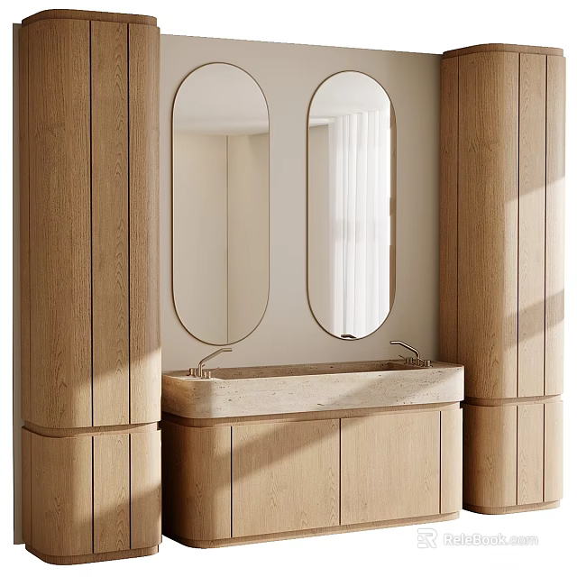Modern Wooden Washbasin Vanity With Double Oval Mirrors And Stone Countertop Interior 3d model 