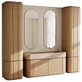 Modern Wooden Washbasin Vanity With Double Oval Mirrors And Stone Countertop Interior
