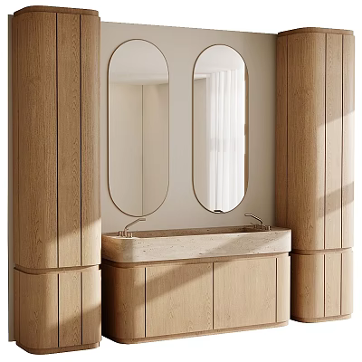 Modern Wooden Washbasin Vanity With Double Oval Mirrors And Stone Countertop Interior 3d model