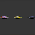 Colorful Fish with Various Colors and Shapes Arranged Creatively on Dark Background with Reflections