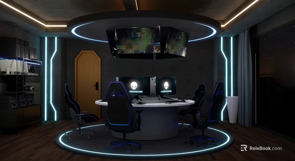 Modern Hi tech Internet Cafe Interior With Round Gaming Table Multiple Screens And Neon Lights 3d model 