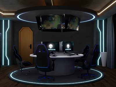Modern Hi tech Internet Cafe Interior With Round Gaming Table Multiple Screens And Neon Lights 3d model