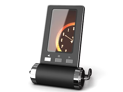 Black Compact Digital Device With Display Screen Showing Clock Interface And Stand Base 3d model