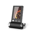 Black Compact Digital Device With Display Screen Showing Clock Interface And Stand Base