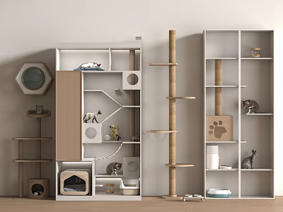 White And Wooden Cat Furniture With Tree Shelves Bed Toys And Scratching Post 3d model
