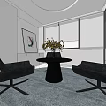 Modern Lounge Area Interior With Black Chairs Round Table Plant Wall Painting And Large Windows