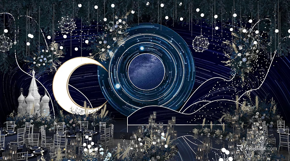 Banquet Hall With Dark Blue Background Moon Circular Decorations Stars Hanging Lights And Floral Arrangements 3d model 