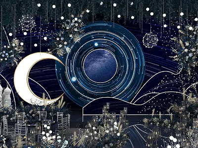 Banquet Hall With Dark Blue Background Moon Circular Decorations Stars Hanging Lights And Floral Arrangements 3d model