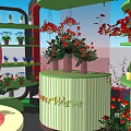 Vibrant Flower War Display Area With Circular Decorative Structures Lush Vines And Colorful Blooms