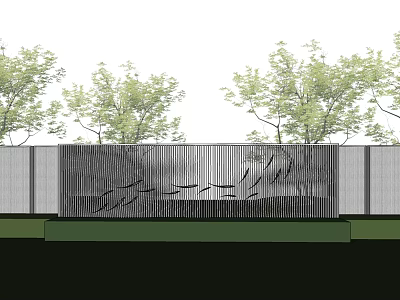 Modern Feature Wall Design With Vertical Slats And Green Trees In Background 3d model