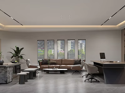Modern Office Interior With Brown Sofa Desk Plant And Large Windows 3d model