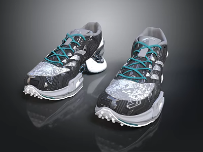 Stylish Gray Black Athletic Sneakers With Teal Laces Silver Accents And White Spiked Sole 3d model