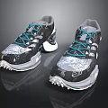 Stylish Gray Black Athletic Sneakers With Teal Laces Silver Accents And White Spiked Sole