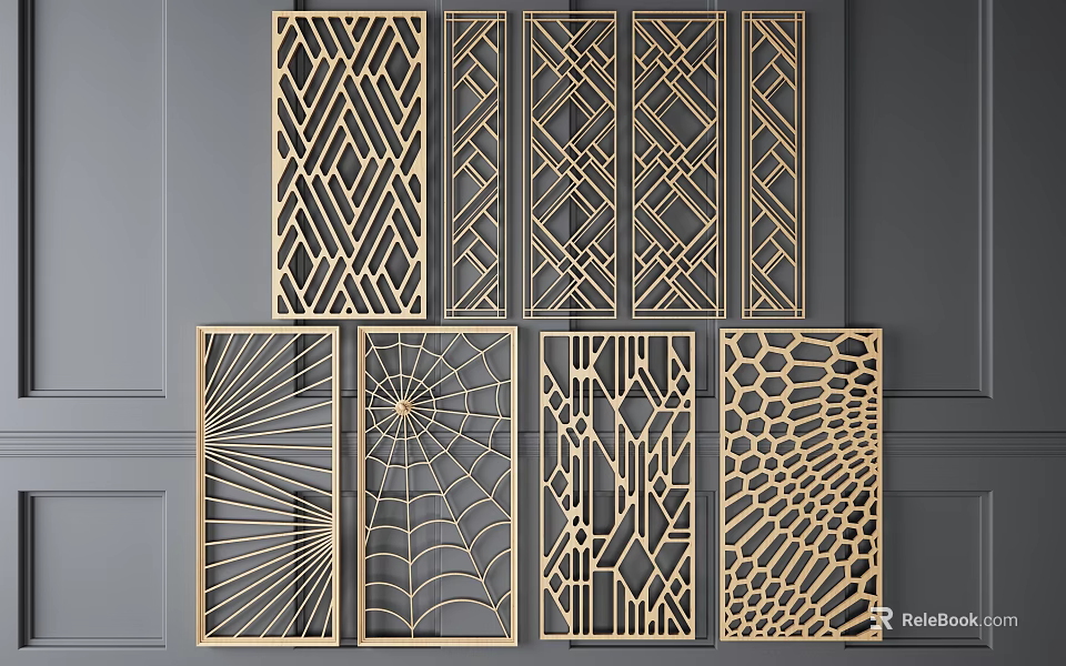 Decorative Room Dividers With Various Geometric Laser Cut Patterns And Wooden Frames 3d model 
