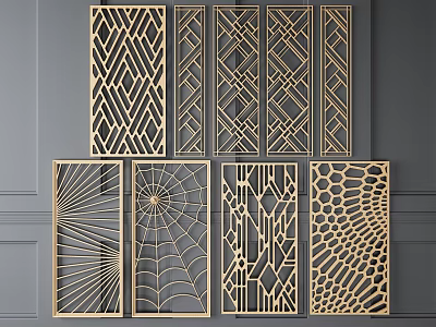 Decorative Room Dividers With Various Geometric Laser Cut Patterns And Wooden Frames 3d model