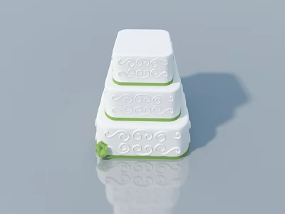 Three Tier White Cake With Green Decorative Borders And Bottom Flower Reflection 3d model