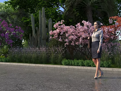 Woman Walking In Garden With Palm Trees Green Plants Purple Flowers And Cactus 3d model