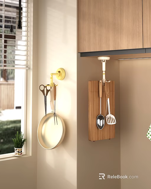 Wall Mounted Kitchen Utensils With Scissors Wooden Spatula Turner Skimmer Frying Pan And Cutting Board 3d model 