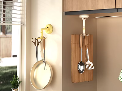 Wall Mounted Kitchen Utensils With Scissors Wooden Spatula Turner Skimmer Frying Pan And Cutting Board 3d model