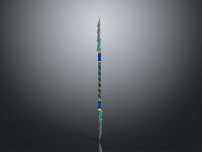 Decorative Spear With Blue Yellow Patterns On Long Shaft And Sharp Blade 3d model