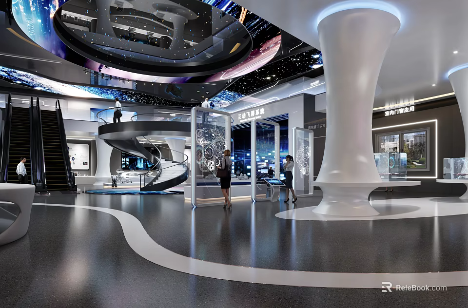 Modern Exhibition Hall Interior With Spiral Staircase White Column And Starry Sky Ceiling 3d model 