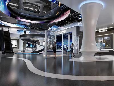 Modern Exhibition Hall Interior With Spiral Staircase White Column And Starry Sky Ceiling 3d model