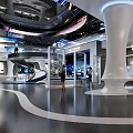 Modern Exhibition Hall Interior With Spiral Staircase White Column And Starry Sky Ceiling