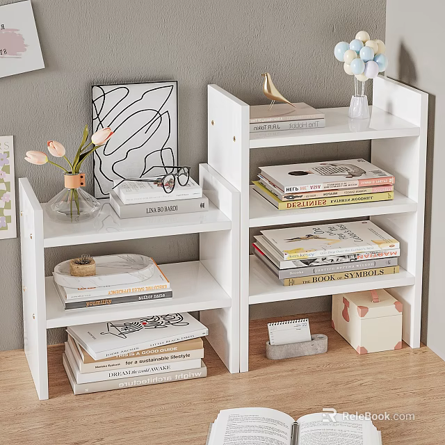 Modern Simple White Bookshelf Storage Rack With Books Decorative Items And Storage Box 3d model 