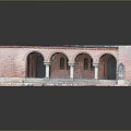 Cartoon Style Red Brick Building Scene With Arches White Roof Steps Columns And Reflection