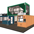 Modern Commercial Container Building with Multiple Containers Large Windows Balcony and Outdoor Seating