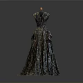Dark Patterned Long Dress Displayed On Mannequin With Gray Background