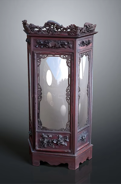 Traditional Chinese Wooden Lantern Set With Ornate Carved Frame Clear Glass Panels And Classic Design 3d model