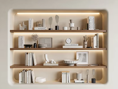 Decorative Ornament Set With Books Frames Clock Vase On Minimalist Modern Built In Bookshelf Lighting 3d model